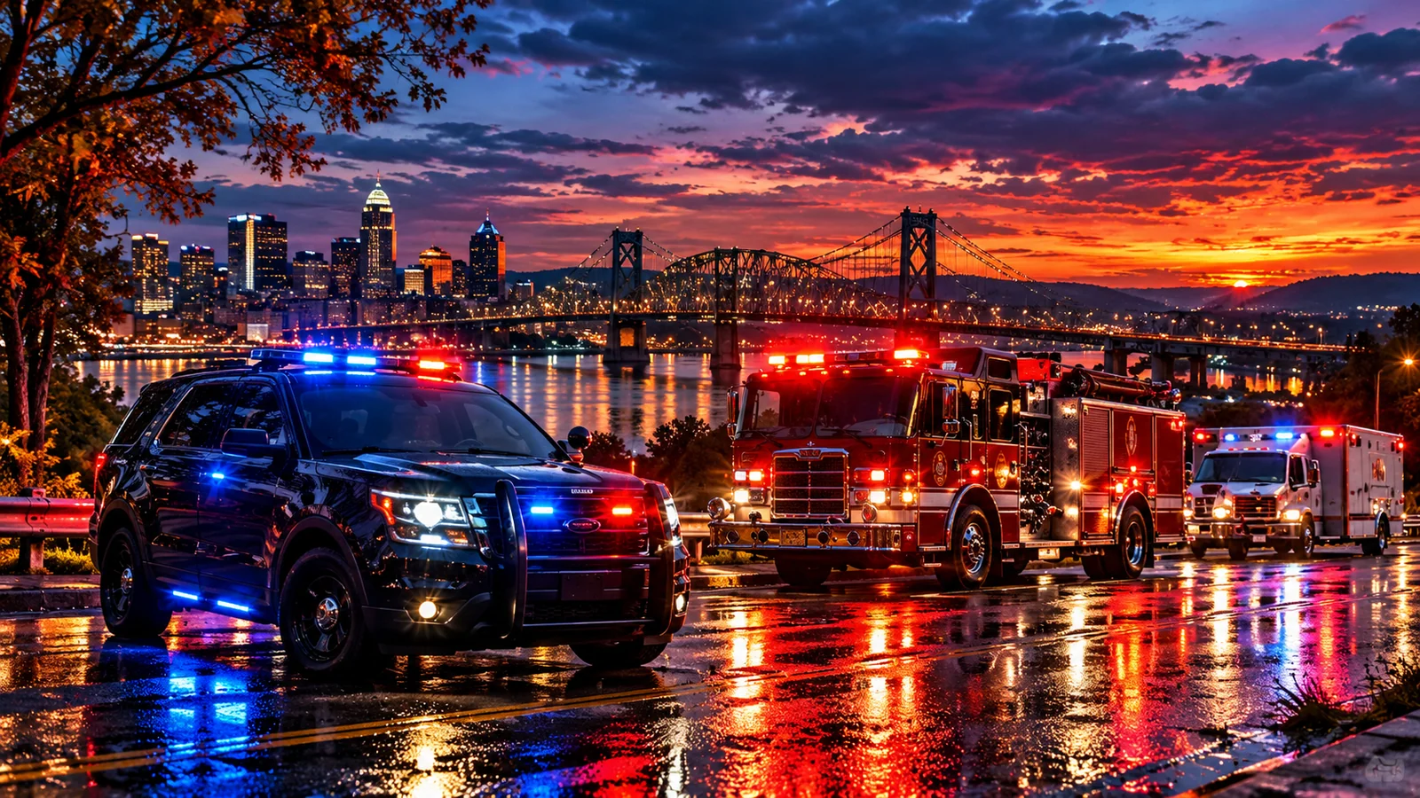 Fictional cinematic MDPSRP police, fire, and ambulance response near a river city at dusk